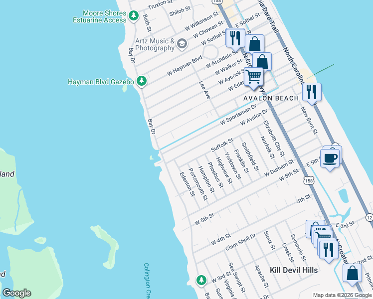 map of restaurants, bars, coffee shops, grocery stores, and more near 1006 West Avalon Drive in Kill Devil Hills