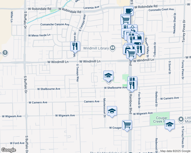 map of restaurants, bars, coffee shops, grocery stores, and more near 7227 West Windmill Lane in Las Vegas