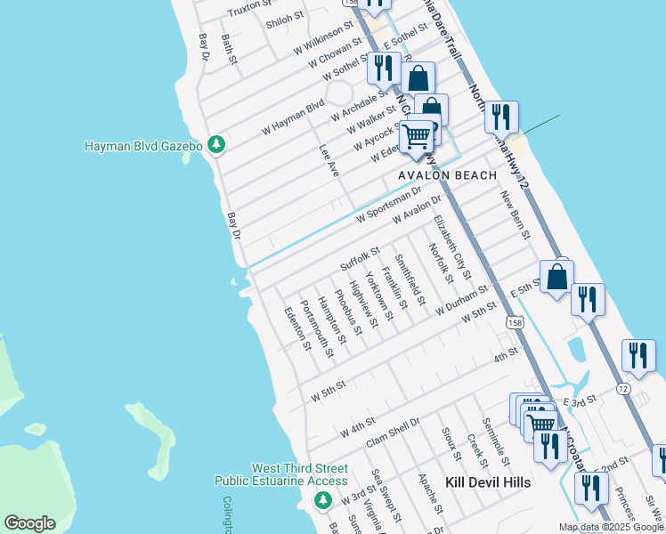 map of restaurants, bars, coffee shops, grocery stores, and more near 900 Suffolk Street in Kill Devil Hills
