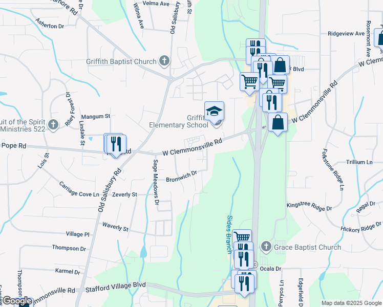map of restaurants, bars, coffee shops, grocery stores, and more near 3207 Stavanger Court in Winston-Salem