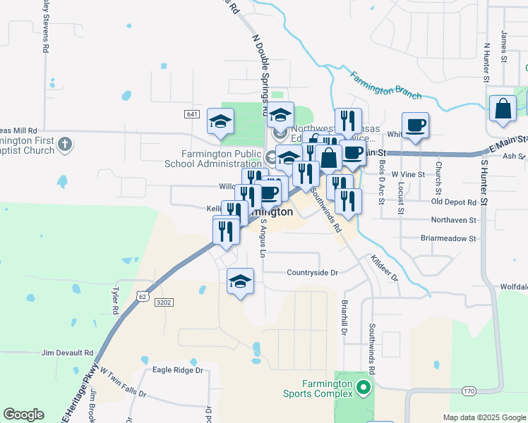 map of restaurants, bars, coffee shops, grocery stores, and more near in Farmington