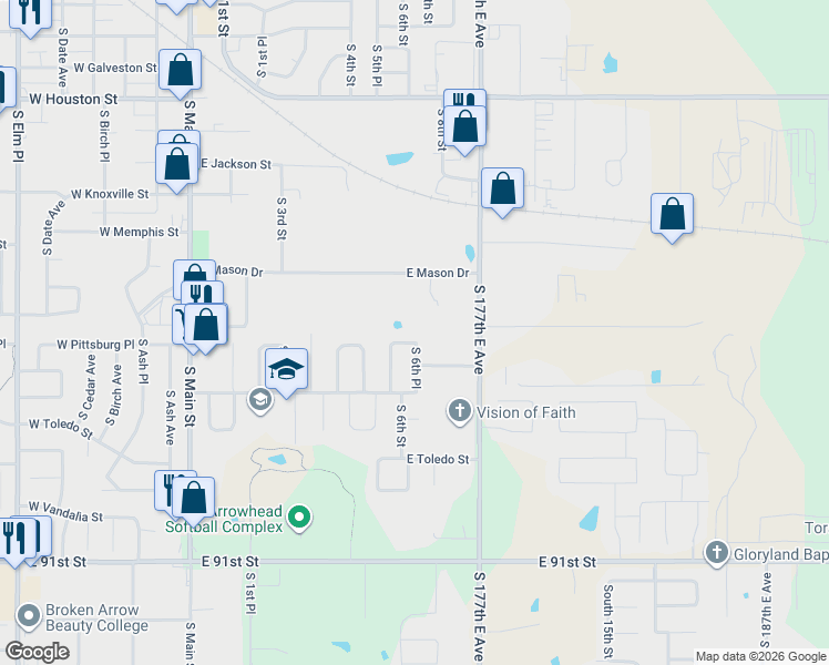 map of restaurants, bars, coffee shops, grocery stores, and more near 1600 South 6th Street in Broken Arrow