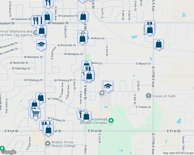 map of restaurants, bars, coffee shops, grocery stores, and more near 1608 South 2nd Street in Broken Arrow