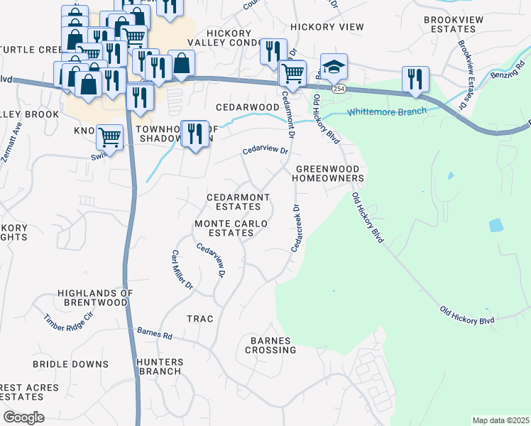 map of restaurants, bars, coffee shops, grocery stores, and more near 219 Cedarmont Circle in Nashville