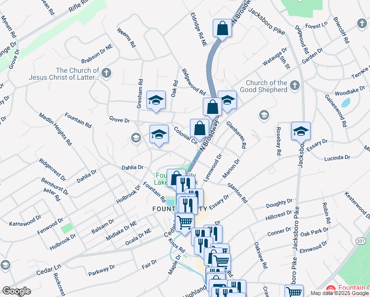 map of restaurants, bars, coffee shops, grocery stores, and more near 3030 Holbrook Drive in Knoxville