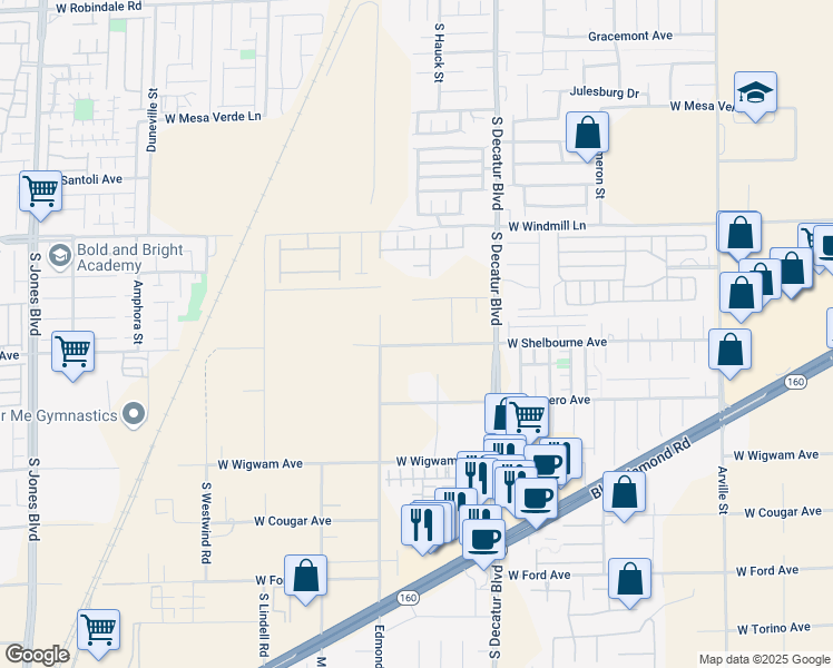 map of restaurants, bars, coffee shops, grocery stores, and more near 5160 West Shelbourne Avenue in Las Vegas