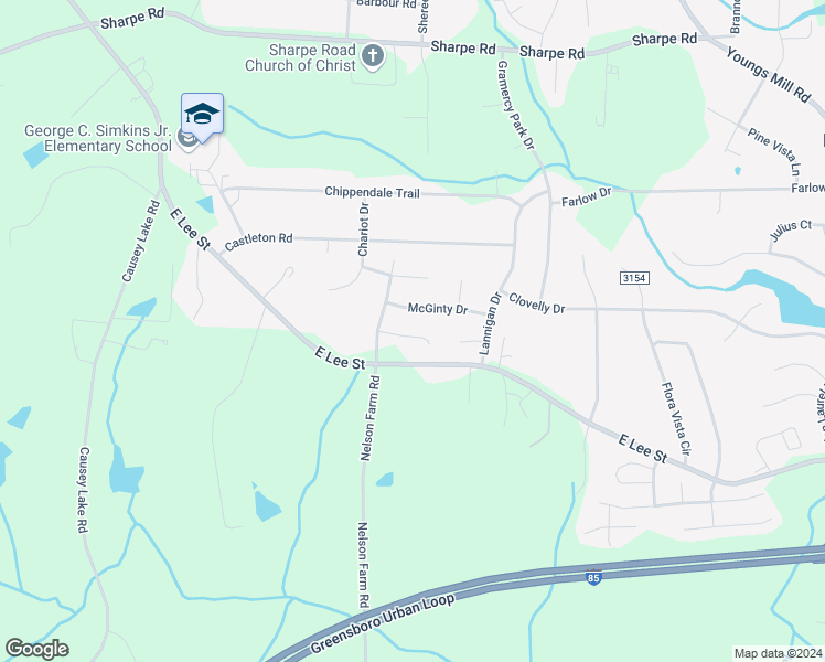 map of restaurants, bars, coffee shops, grocery stores, and more near 3611 Nelson Creek Lane in Greensboro