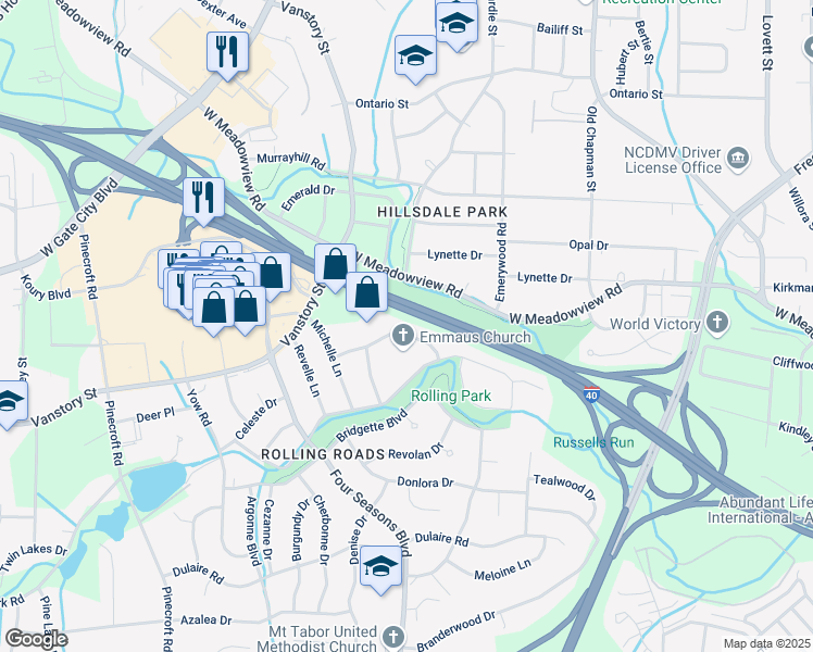 map of restaurants, bars, coffee shops, grocery stores, and more near 2216 Rheims Drive in Greensboro