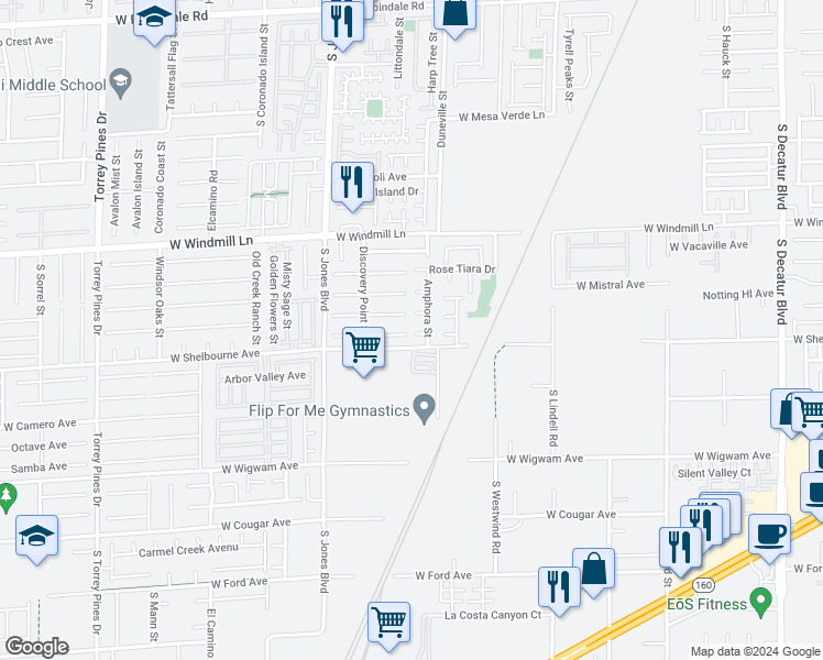 map of restaurants, bars, coffee shops, grocery stores, and more near 5868 West Baroque Gold Court in Las Vegas