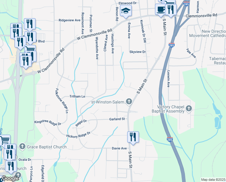 map of restaurants, bars, coffee shops, grocery stores, and more near 710 Bellingham Road in Winston-Salem