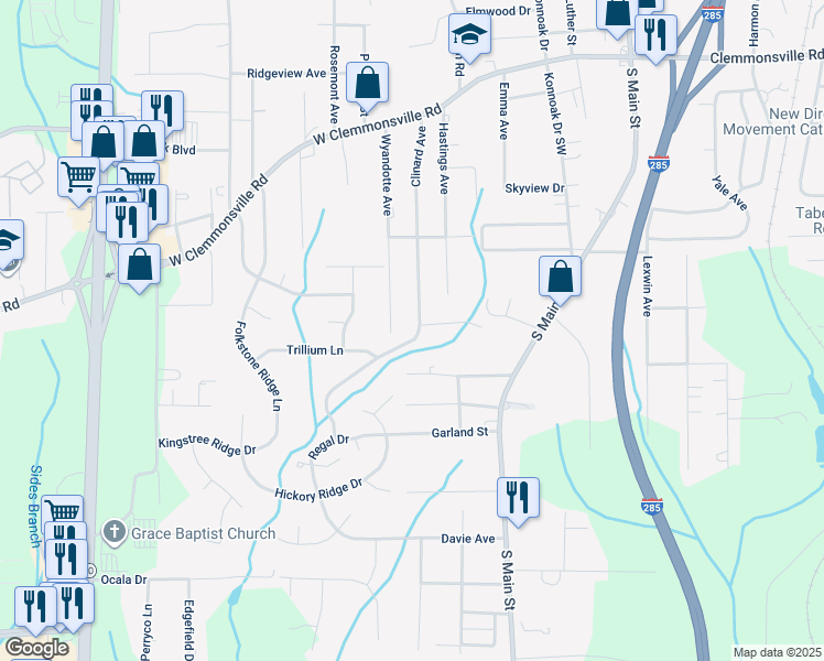 map of restaurants, bars, coffee shops, grocery stores, and more near 3900 Clinard Avenue in Winston-Salem