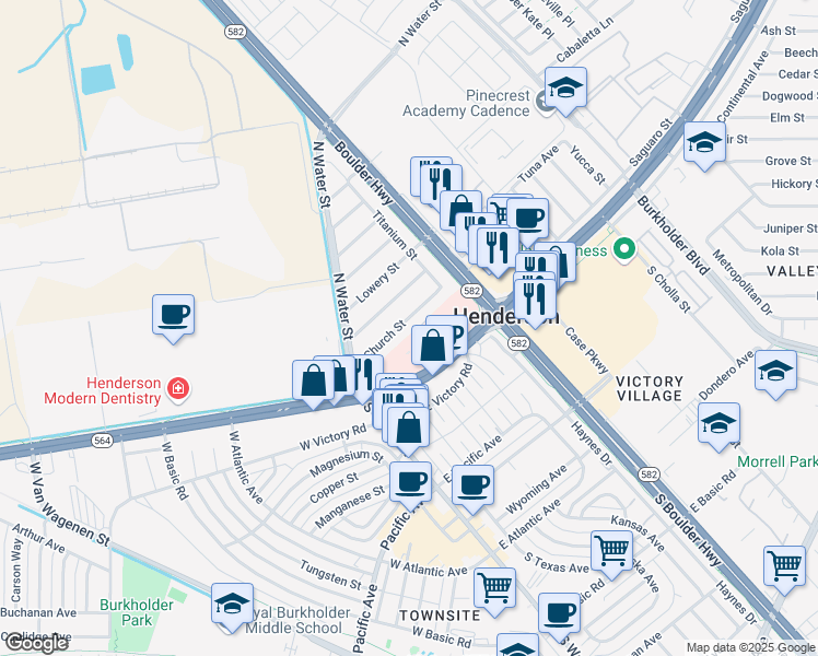 map of restaurants, bars, coffee shops, grocery stores, and more near 55 Church Street in Henderson