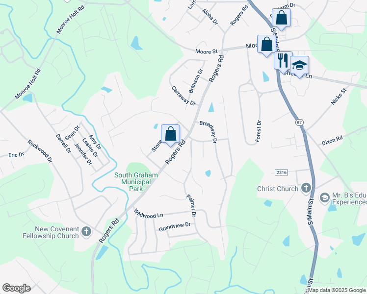 map of restaurants, bars, coffee shops, grocery stores, and more near 1526 Rogers Road in Graham