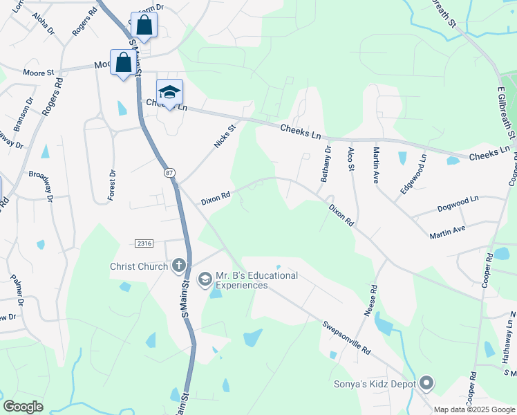map of restaurants, bars, coffee shops, grocery stores, and more near 201 Dixon Road in Graham