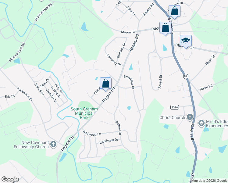 map of restaurants, bars, coffee shops, grocery stores, and more near 1526 Rogers Road in Graham
