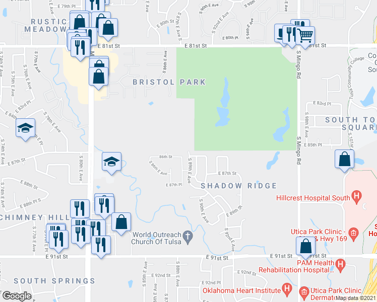 map of restaurants, bars, coffee shops, grocery stores, and more near 1001 South 89th East Avenue in Tulsa