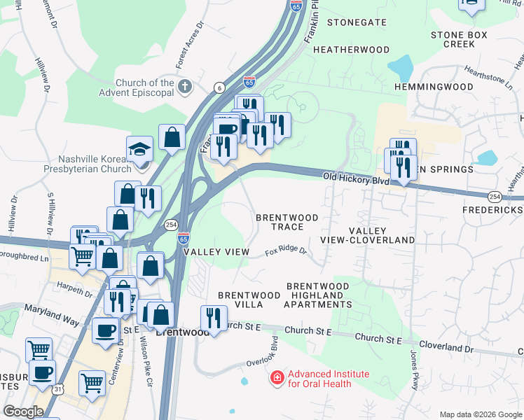 map of restaurants, bars, coffee shops, grocery stores, and more near 5714 Stone Brook Drive in Brentwood