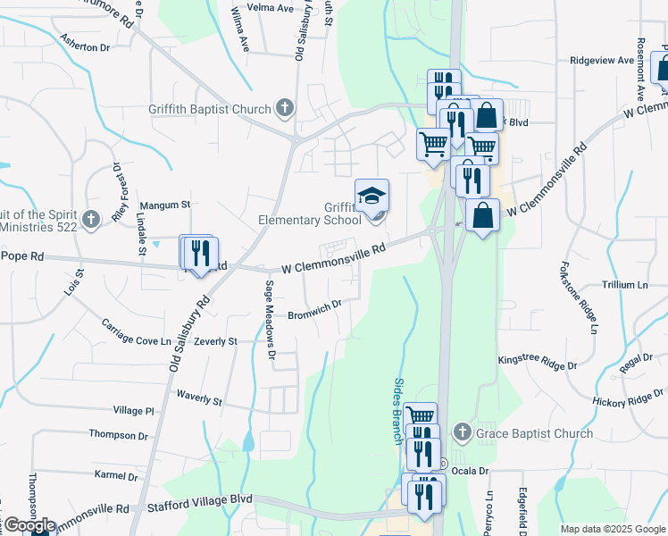 map of restaurants, bars, coffee shops, grocery stores, and more near 3207 Stavanger Court in Winston-Salem