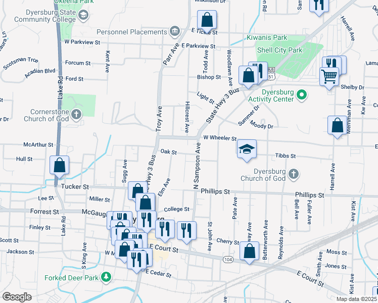 map of restaurants, bars, coffee shops, grocery stores, and more near 304 Oak Street in Dyersburg