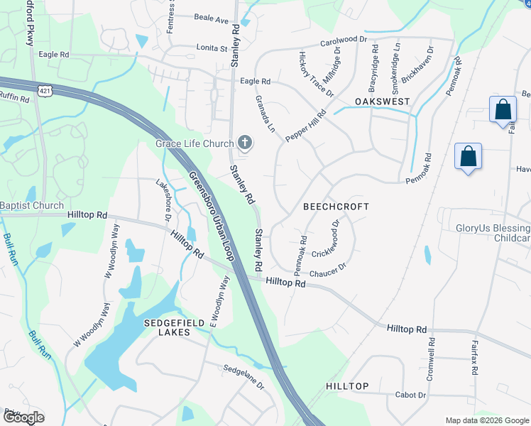 map of restaurants, bars, coffee shops, grocery stores, and more near 2417 Stanley Road in Greensboro