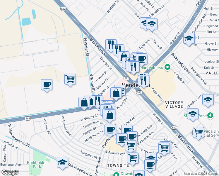 map of restaurants, bars, coffee shops, grocery stores, and more near 55 Church Street in Henderson