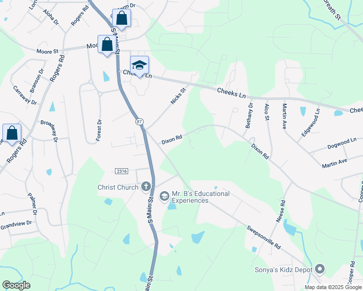 map of restaurants, bars, coffee shops, grocery stores, and more near 139 Dixon Road in Graham