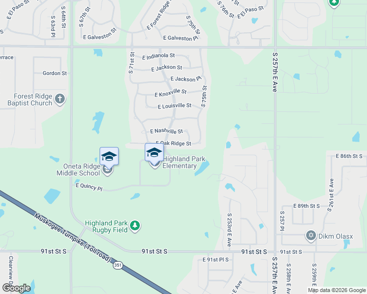 map of restaurants, bars, coffee shops, grocery stores, and more near 7315 East Oak Ridge Street in Broken Arrow