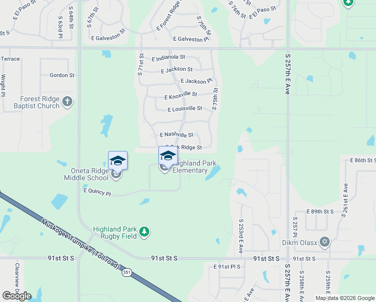 map of restaurants, bars, coffee shops, grocery stores, and more near 7315 East Oak Ridge Street in Broken Arrow