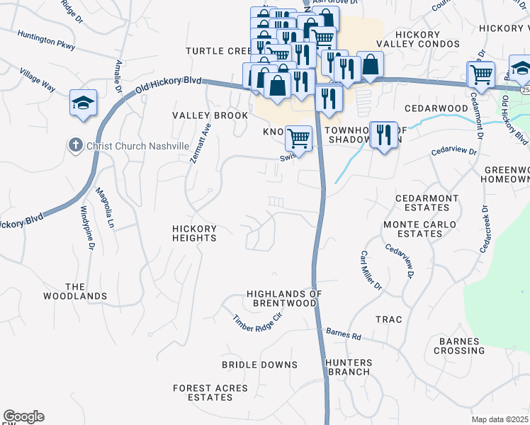 map of restaurants, bars, coffee shops, grocery stores, and more near 108 Shadow Glen Drive in Nashville