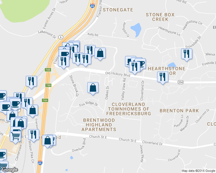 map of restaurants, bars, coffee shops, grocery stores, and more near 5634 Oakes Drive in Brentwood
