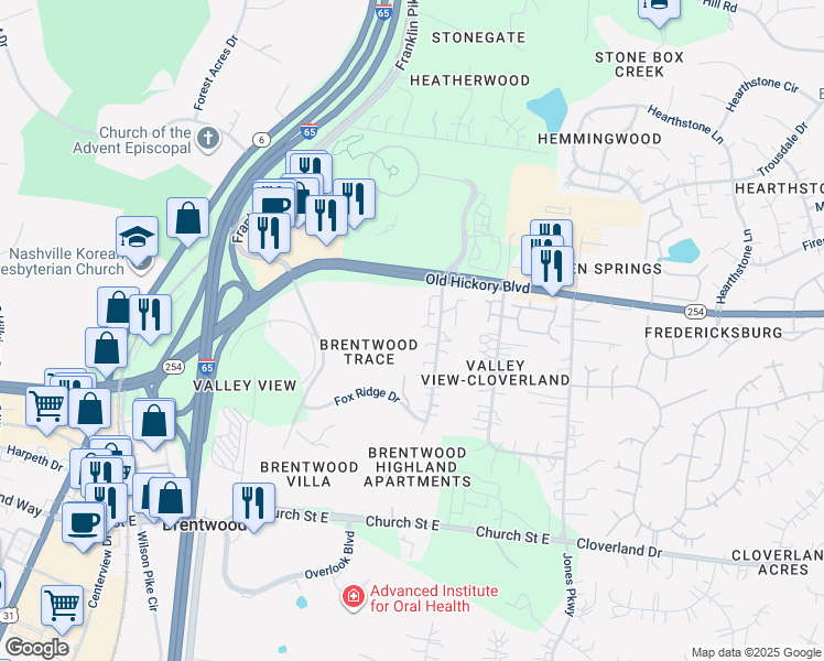 map of restaurants, bars, coffee shops, grocery stores, and more near 5777 Brentwood Trace in Brentwood