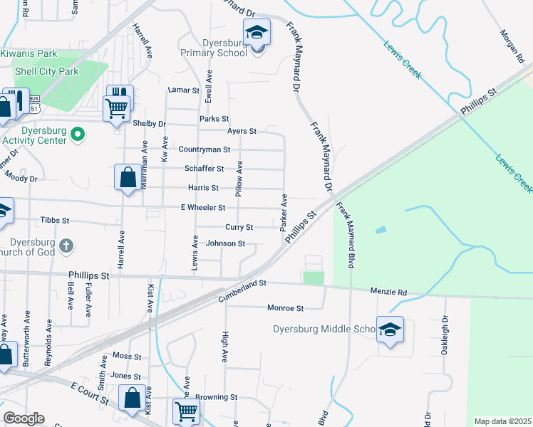 map of restaurants, bars, coffee shops, grocery stores, and more near 1838 Curry Street in Dyersburg