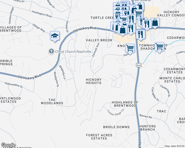 map of restaurants, bars, coffee shops, grocery stores, and more near 2368 Zermatt Avenue in Nashville