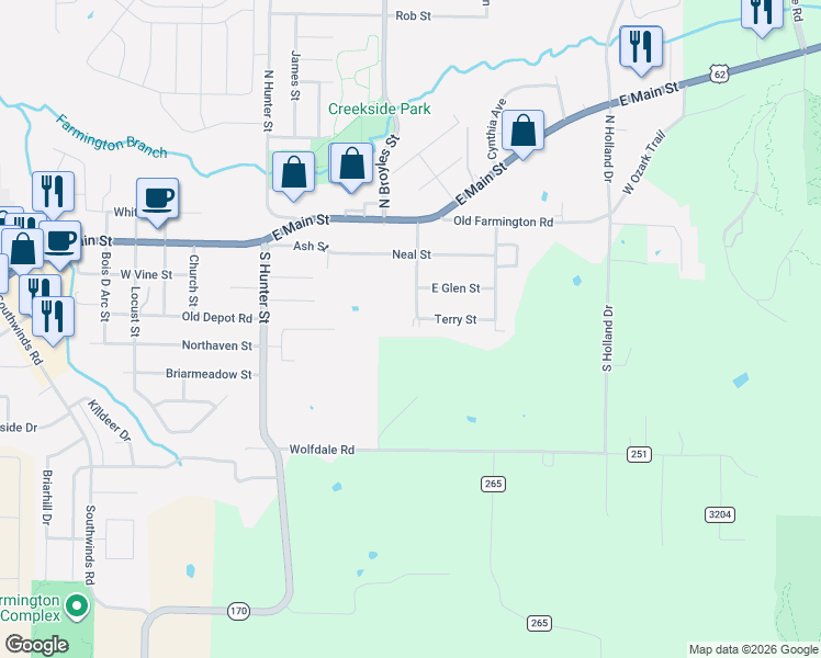 map of restaurants, bars, coffee shops, grocery stores, and more near 131 Terry Street in Farmington