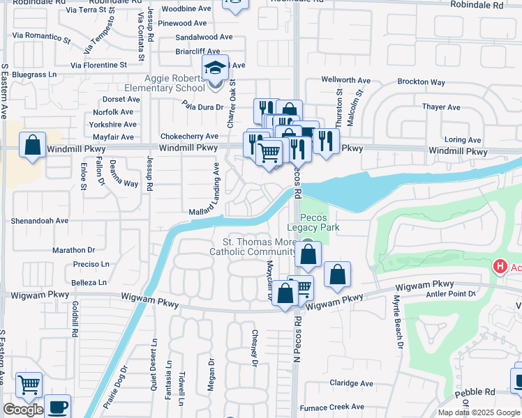 map of restaurants, bars, coffee shops, grocery stores, and more near 2675 Windmill Parkway in Henderson
