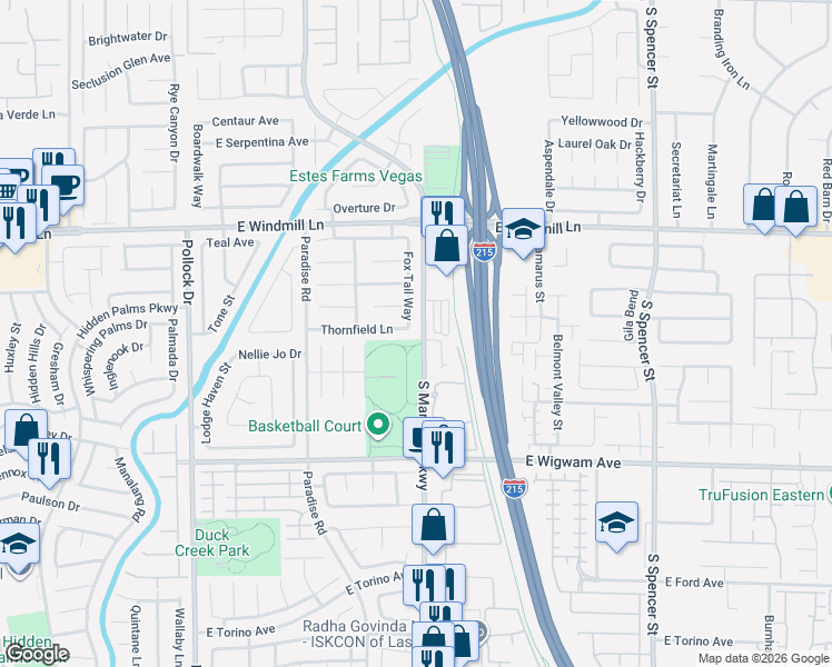 map of restaurants, bars, coffee shops, grocery stores, and more near 1185 Thornfield Lane in Las Vegas