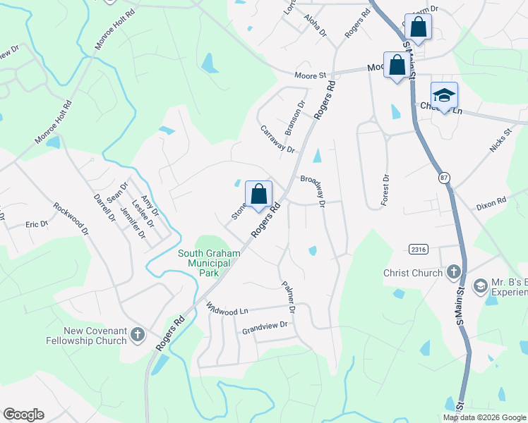 map of restaurants, bars, coffee shops, grocery stores, and more near 1531 Rogers Road in Graham