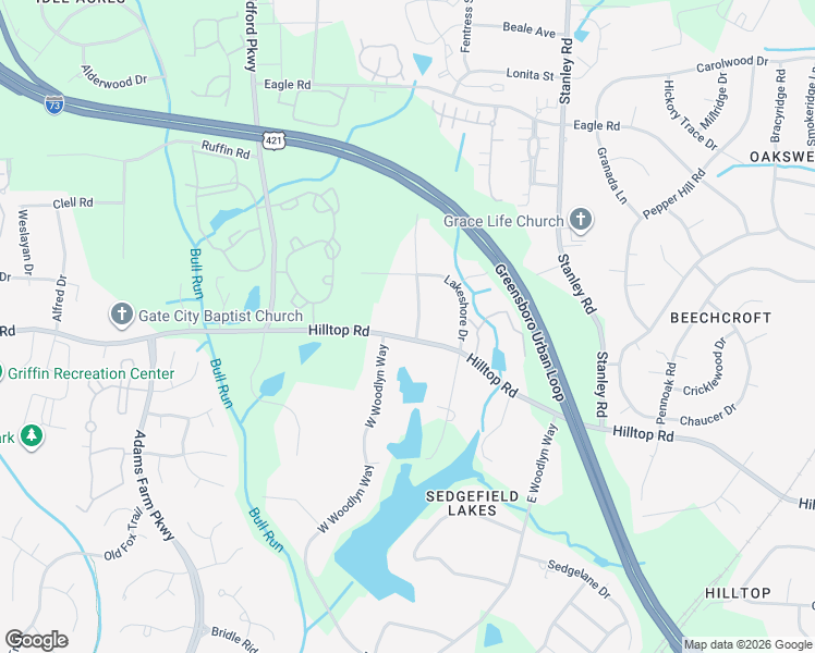 map of restaurants, bars, coffee shops, grocery stores, and more near 5026 Hilltop Road in Greensboro