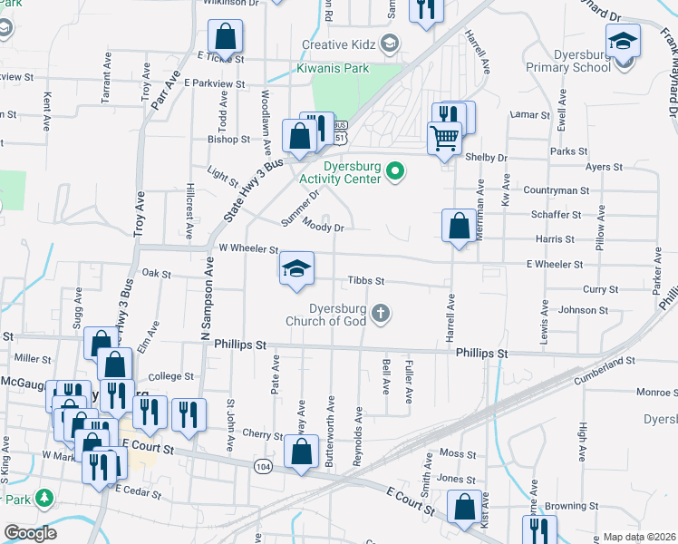 map of restaurants, bars, coffee shops, grocery stores, and more near 916 Tibbs Street in Dyersburg
