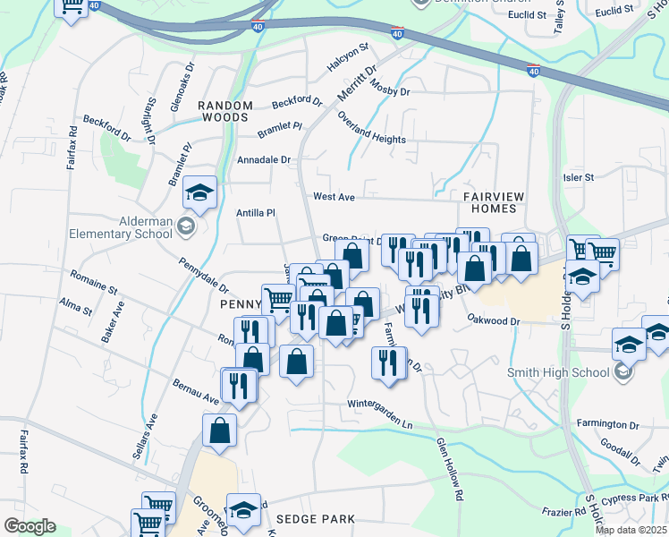 map of restaurants, bars, coffee shops, grocery stores, and more near 2115 Merritt Drive in Greensboro