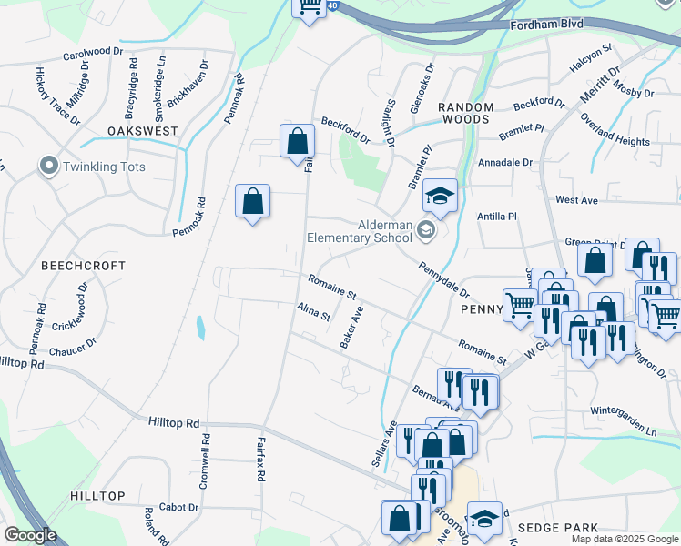 map of restaurants, bars, coffee shops, grocery stores, and more near 5 Chateau Court in Greensboro