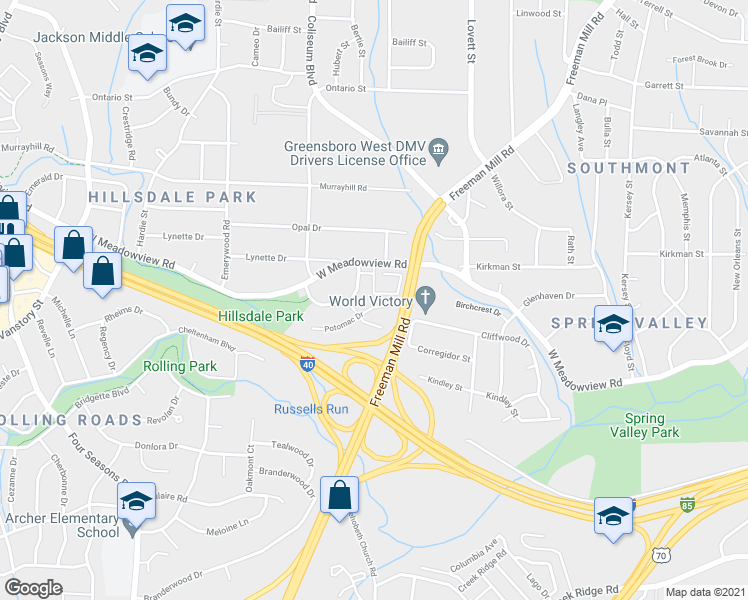 map of restaurants, bars, coffee shops, grocery stores, and more near 1906 Potomac Dr in Greensboro