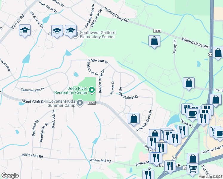 map of restaurants, bars, coffee shops, grocery stores, and more near 3311 Sumter Drive in High Point
