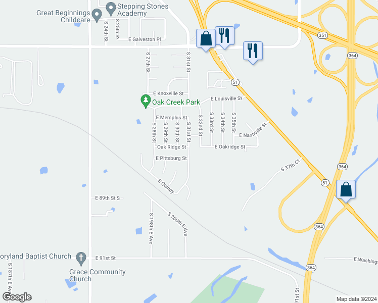 map of restaurants, bars, coffee shops, grocery stores, and more near 1505 South 31st Street in Broken Arrow