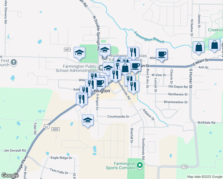 map of restaurants, bars, coffee shops, grocery stores, and more near Saratoga Way in Farmington