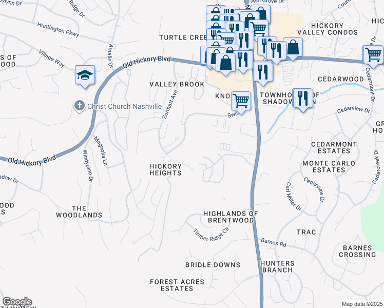 map of restaurants, bars, coffee shops, grocery stores, and more near 455 Swiss Avenue in Nashville