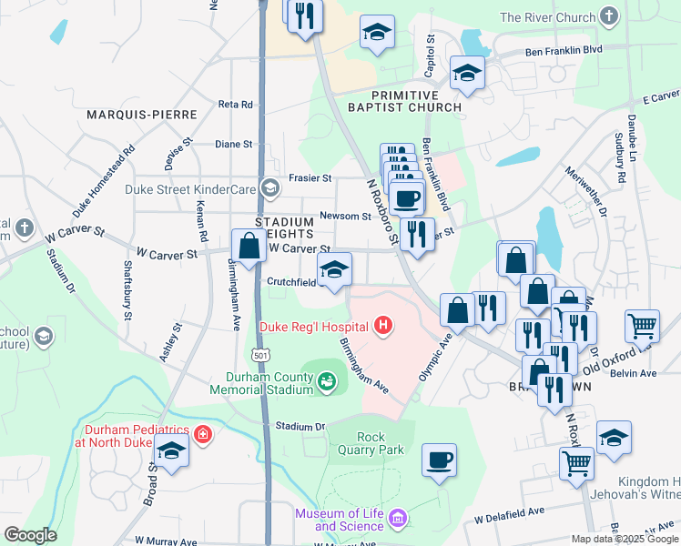 map of restaurants, bars, coffee shops, grocery stores, and more near 3704 Crabtree Avenue in Durham