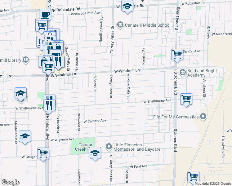 map of restaurants, bars, coffee shops, grocery stores, and more near 6499 Torrey Pines Drive in Las Vegas