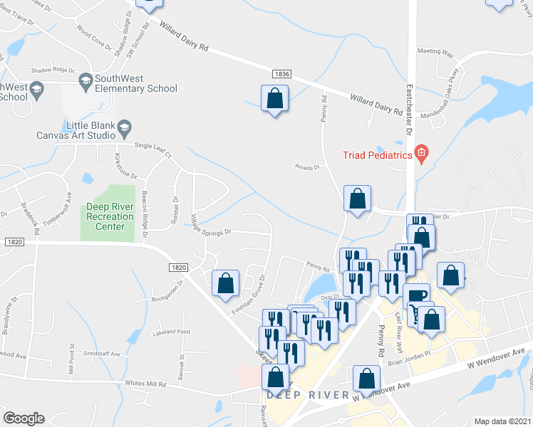 map of restaurants, bars, coffee shops, grocery stores, and more near 4044 Fountain Grove Drive in High Point