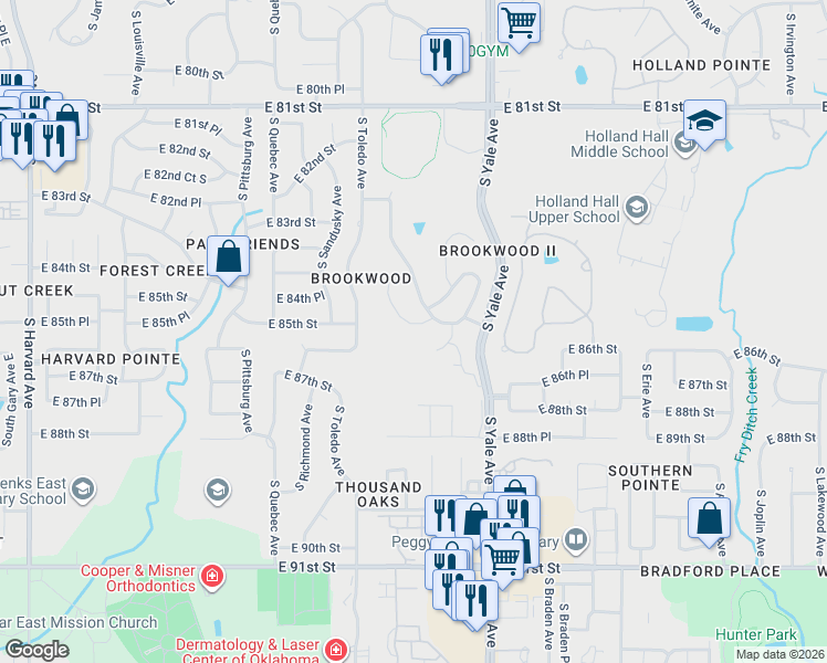 map of restaurants, bars, coffee shops, grocery stores, and more near 4548 East 85th Street in Tulsa